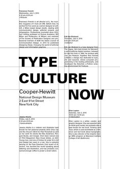 an advertisement with black and white type on the front, side and back covers for type culture now