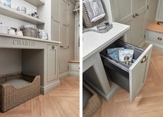 two pictures side by side showing the inside of a kitchen and an open drawer with items in it