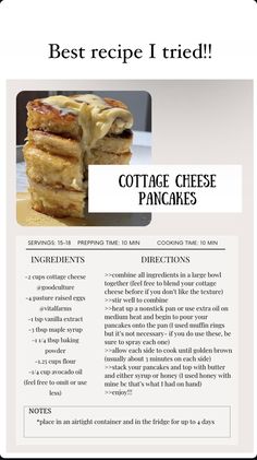 the recipe for cottage cheese pancakes is shown in this brochure, which includes instructions to make it