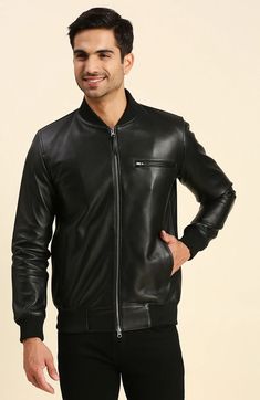 Get the best deals on River Black Bomber Leather Jacket at just $255. Shop now for the latest collection of men's leather jackets and coats at Shopperfiesta. Urban Leather Jacket For Fall, Black Stand Collar Biker Jacket For Work, Black Casual Leather Jacket With Stand Collar, Fitted Leather Jacket Casual Style, Solid Leather Biker Jacket For Streetwear, Fitted Black Faux Leather Jacket, Casual Black Leather Biker Jacket, Black Leather Jacket With Pockets For Fall, Classic Black Leather Jacket With Stand Collar