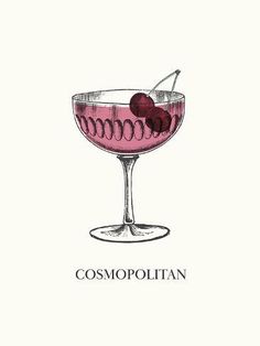 a drawing of a cocktail in a coupe glass with cherries on the rim and text cosmopolian