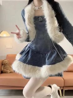 S (Within 47.5kg) M (47.5-52.5kg) L (52.5-60kg) XL (60-65kg) Blue Denim Dress For Winter, Winter Denim Fitted Dress, Fitted Long Sleeve Denim Dress For Winter, Patchwork Denim Jacket, Jean Outfit, Snow Princess, Patchwork Denim, Suspender Skirt, Denim Patchwork