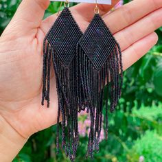 Marhae Boho Beaded Black Luster Fringe Earrings Process Time 3-4 Hours Boho Earrings Fringe Bead Earrings Bohemian Style Feather Long Earrings Statement Earrings Handmade 4.5 Inches Long Gold Filled Ear Wire Handmade Dangle Beaded Earrings For Evening, Elegant Earrings With Tiny Beads For Festivals, Elegant Festival Earrings With Tiny Beads, Bohemian Evening Jewelry With Beads, Black Seed Bead Earrings, Handmade Black Earrings For Party, Party Beaded Earrings With Tiny Beads, Tiny Beads Party Earrings, Black Tiny Beads Jewelry For Festival