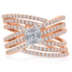 Nine gorgeous rose gold bands criss-cross each other delicately in groups of three. Each band is encrusted with diamond details, highlighting the center setting, a cushion diamond flanked by a border of nine smaller, variously shaped diamonds. Luxury Rose Gold Dazzling Rings, Luxury 14k Rose Gold Diamond Ring For Formal Occasions, Luxury Rose Gold Gold-plated Rings, Criss Cross Diamond Ring, Rose Gold Bands, Kay Jewelry, Criss Cross Ring, Country Rings, Stones Jewelry