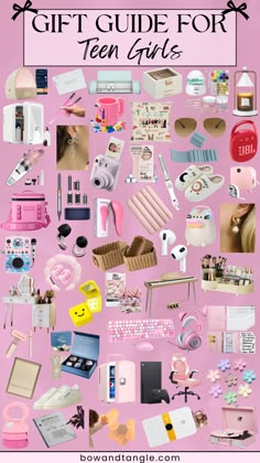 the gift guide for teen girls on pink background with text overlay that says,