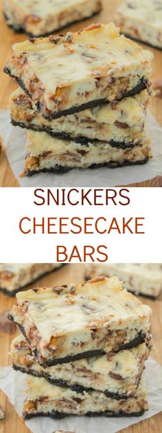 some food is stacked on top of each other and the words, snickkers cheesecake bars