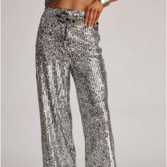 Tag Still On! Never Worn! California Dreaming Silver Sequin Trousers From 12th Tribe Glamorous Wide Leg Pants For Spring, Silver Wide Leg Bottoms For Summer, Spring Silver Sequined Bottoms, Chic Straight Leg Pants For Party Season, Elegant Straight Leg Pants For Party Season, Elegant Silver Sequined Pants, Silver Fitted Pants For Summer, Glamorous Summer Bottoms With Straight Leg, Fitted Silver Pants