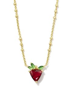 Strawberry Gold Short Pendant Necklace in Dark Pink Crystal | Kendra Scott Dainty Jewelry Necklace, Short Pendant Necklace, Fruit Necklace, Strawberry Charm, Crystal Green, Kendra Scott Necklace, Bar Jewelry, Initial Jewelry, Rings Jewelry