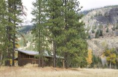 a cabin nestled in the woods with mountains in the background