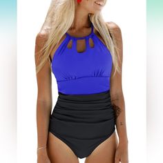 Blue Top, Black Bottom Half One Piece Swimsuit Size Large New With Tags Chic Blue Tankini For Swimming, Chic Blue Tankini For Pool, Blue Sleeveless Tankini For Party, Blue Sleeveless Party Tankini, Sleeve Bathing Suit, Strappy Bathing Suit, Striped Bathing Suit, Tropical Vacations, Cupshe Swimsuits