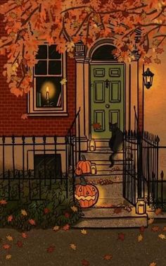 a painting of a cat sitting on the front steps of a house with pumpkins