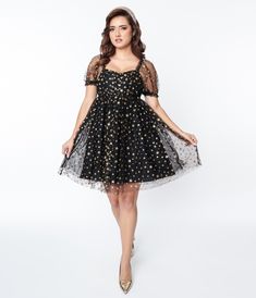 Unique Vintage Black Gold Star Mesh Babydoll Belle Dress - Unique Vintage - Womens, DRESSES, BABYDOLL Gold Star Dress, Unique Vintage Dresses, Plus Size Cocktail Dresses, Vintage Black Dress, Belle Dress, Womens Vintage Dresses, Retro Clothing, Star Dress, Gold Star