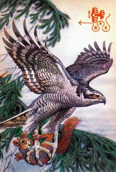 a painting of an eagle flying through the air with another bird on it's back