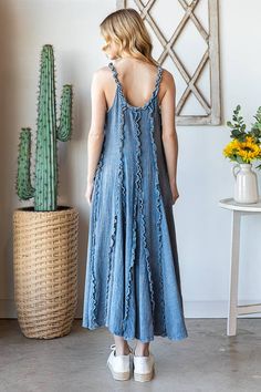 Expertly crafted in a relaxed fit, this WASHED RUFFLE SEAM DETAIL MAXI DRESS is a must-have for any wardrobe. The mineral wash detail adds a unique touch, while the ruffle seam detail adds a feminine touch. Imported and true to size, this dress is perfect for any occasion. Our model wears size S. Sweater Collection, Kimono Cardigan, Maxi Dress Blue, Red Fashion, Dress Blue, Ruffle Dress, I Dress, Dress Collection, Denim Dress