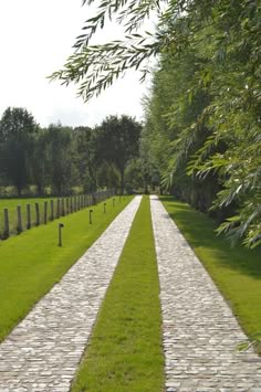 a stone path in the middle of a grassy field