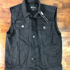 Black Vest Denim Sz Various Black Cotton Denim Jacket With Pockets, Trendy Black Cotton Denim Vest, Urban Black Cotton Denim Vest, Black Cotton Denim Vest For Winter, Casual Black Denim Jacket With Pockets, Cotton Denim Vest For Fall Streetwear, Urban Cotton Denim Vest For Spring, Fitted Black Denim Jacket For Work, Black Denim Vest With Button Closure