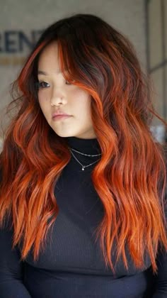 Bright Orange Balayage, Red Copper Balayage Hair, Orange Red And Brown Hair, Split Copper Hair, Half Black Half Copper Hair, Copper Orange Balayage, Copper Balayage With Money Piece, Color Block Hair Red, Orange Balayage Hair Brunettes