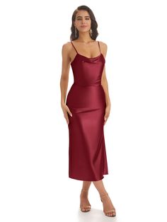 Sexy Soft Satin Spaghetti Strap Tea-Length Mermaid Bridesmaid Dresses - ChicSew Midi Length Party Slip Dress, Midi Party Slip Dress, Party Midi Slip Dress, Solid Color Midi Slip Dress For Party, Solid Satin Finish Dress For Night Out, Sleeveless Solid Satin Dress, Elegant Satin Bridesmaid Dress With Spaghetti Straps, Sleek Solid Color Slip Dress For Party, Solid Color Bias Cut Satin Dress For Evening