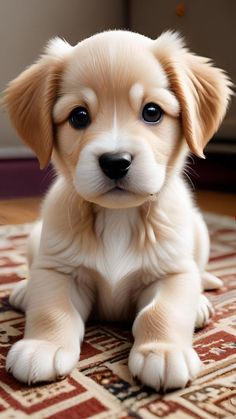 a small puppy sitting on top of a rug