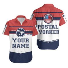 a red, white and blue shirt that says postal worker your name on the front