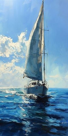 a painting of a sailboat in the middle of the ocean on a sunny day