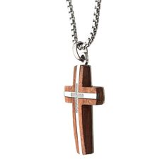 Bubinga Wood & Steel Cross Pendant with Genuine Diamonds Crosses Diy, Wood Crosses Diy, Wood Resin Jewelry, Mens Cross Necklace, Wooden Crosses, Diamond Fashion Jewelry, Chain Diamond, Wood Cross, Steel Cross