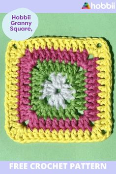 a crocheted square is shown with the text hobbi granny square, free crochet pattern