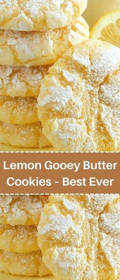 lemon gooey butter cookies are stacked on top of each other with powdered sugar