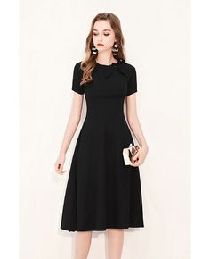 Retro Black Knee Length Party Dress With Short Sleeves #HTX97035 - GemGrace.com Black Stretch A-line Midi Dress, Black Knee-length Dress For Office, Black Slim Fit Dress For Evening, Black Semi-formal Midi Dress For Office, Black Office Lady Midi Dress For Semi-formal Occasions, Classic Black Midi Dress For Party, Black Semi-formal Office Lady Midi Dress, Black Slim Fit Knee-length Dress, Black Fitted Knee-length Midi Dress