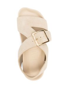 cream white calf suede square open toe crossover strap at the toe branded leather insole rubber sole gold-tone hardware side buckle fastening with logo-engraved buckle This item is in size 37 and the color is White Calf Leather Sandals With Buckle Closure And Square Toe, Square Toe Calf Leather Sandals With Buckle, Designer Open Toe Sandals With Gold Buckle, Designer Leather Sandals With Gold Buckle, Designer Suede Sandals With Buckle Closure, Cream Open Toe Sandals With Buckle Closure, White Leather Adjustable T-strap Sandals, White Open Toe T-strap Sandals With Leather Sole, Luxury Leather T-strap Sandals With Buckle Closure