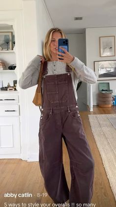 Fall overall looks Fall Outfits Women Overalls, Mustard Overalls Outfit, Corduroy Overalls Outfit Fall, Thanksgiving Outfit Granola Girl, Patterned Overalls Outfit, Brown Overalls Outfits Fall, Women Overalls Outfits Winter, Baggy Overalls Outfit Winter, Women Overalls Outfits Fall