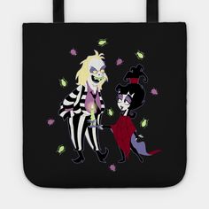 a black tote bag with an image of two cartoon characters in halloween costumes, one holding the other's hand