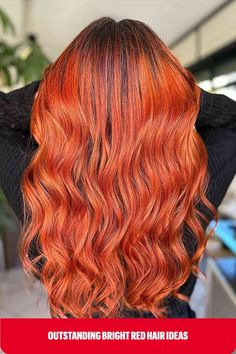 Bright Orange-ish Red Wavy Hair Red Highlights Blonde, Blonde Highlights Wavy Hair, Hair Colors Bright, Highlights Wavy Hair, Red Hair Bright