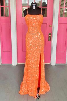 Plus Size Ballkleid Meerjungfrau Spaghettiträger Schnürung Pailletten mit Schlitz Coral Prom Dress, Sequins Prom Dress, Orange Prom Dresses, Cute Homecoming Dresses, Stunning Prom Dresses, Spaghetti Strap Prom Dress, Plus Size Prom, Corset Dress Prom, Sequin Prom Dress