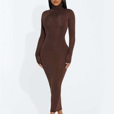 Brand New Turtleneck Midi Dress. Dress Is Double Lined, Sleeves Are Single Lined. Material Is 94% Modal, 6% Spandex. Black Feminine Outfit, Wardrobe Brown, Brown Knit Dress, Black Midi Dress Bodycon, Brown Midi Dress, Brown Leather Dress, Feminine Outfits, Turtleneck Midi Dress, Leather Midi Dress