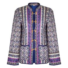 A very desirable and original 1960s Indian handprinted and painted, padded jacket. We love everything about these Indian print paisley jackets which epitomised the boho hippy chic vibe of the era. It is made from an extremely soft and tactile fine Indian gauze cotton that has been hand printed in wonderful colours of navy, turquoise and purple. The jacket is also hand embellished in gold paints and is edged in navy satin ribbon. There are two front pockets and the jacket fastens with a double ro Bohemian Printed Winter Outerwear, Multicolor Bohemian Outerwear With Paisley Print, Bohemian Multicolor Paisley Print Outerwear, Multicolor Long Sleeve Outerwear With Paisley Print, Bohemian Spring Outerwear With Paisley Print, Bohemian Outerwear With Paisley Print For Spring, Bohemian Fall Outerwear With Paisley Print, Fall Bohemian Outerwear With Paisley Print, Fall Bohemian Paisley Print Outerwear