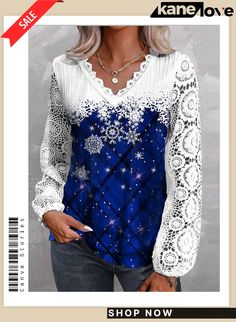 Women Long Sleeve V-neck Floral Printed Polka Dot Lace Christmas Tops Fitted V-neck Top For Holiday, Festive White V-neck Top, V-neck Tops For Fall Holiday, V-neck Tops For Holiday In Fall, Blue V-neck Tops For Festive Occasions, Festive Christmas Top, Christmas Tops, Red Purple, Floral Printed