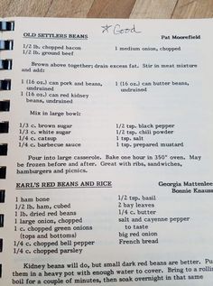 a recipe book with instructions on how to make baked beans and other ingredients in it