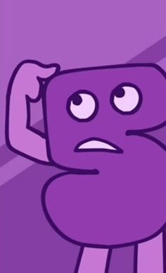 a purple cartoon character with one hand on his head