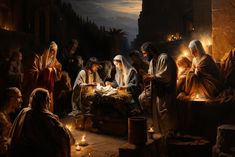 the birth of jesus is depicted in this painting by an unknown man, who appears to be lighting candles