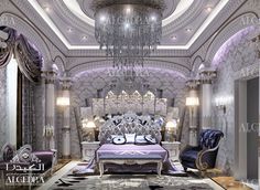 a luxurious bedroom with chandelier and purple furniture