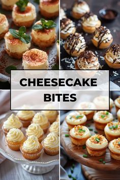 cheesecake bites are arranged on plates and in different ways to make them look like cupcakes