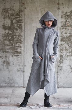 "♥ EXPRESS worldwide shipping - buy your favorite piece today and wear it within just 1-3 days upon shipping ♥ Amazing gray coat with big hood and comfortable pockets. Its design is flattering to any body shape and slims down your silhouette. The large hood is both a practical addition and a tremendously attractive. The wool fabric makes this a warm coat while the lack of cotton lining on the inside keeps it less bulky and roomy enough to layer something underneath. Enjoy the cold days with this Amazing Gray, Asymmetrical Coat, Winter Coat Women, Gray Coat, Wool Winter Coat, Black Wool Coat, Wool Coat Women, Light Coat, Hooded Scarf