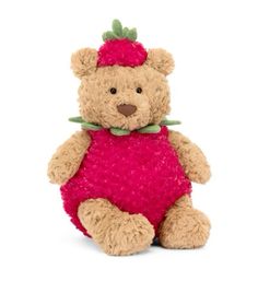 a brown teddy bear wearing a pink dress