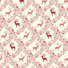 a red and white wallpaper with deers on it