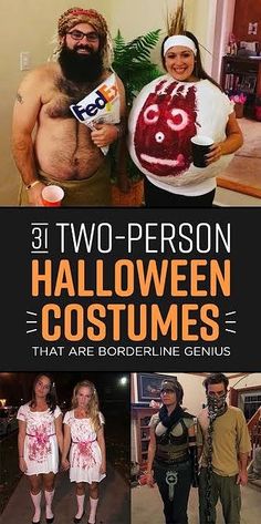 there are two people dressed up as halloween costumes and one is holding a cake with the words, 31 two - person halloween costumes that are borderline genius