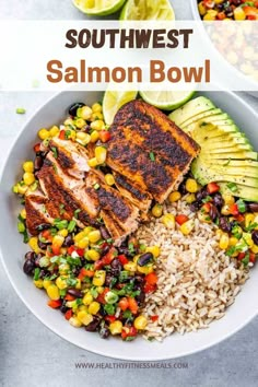 southwest salmon bowl with rice, beans and avocado