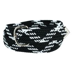 A polished silver tone buckle and tip sets this belt above the standard fabric belts. Durable nylon is woven into a unique pattern with black, white, and grey. With no holes, it is fully adjustable up to 52 inches. Made of Nylon Cord Steel Belt Buckle, Nocona Belt, Gucci Belt Sizes, Double S, Leather Belt Buckle, Braided Leather Belt, Brass Belt Buckles, Versace Belt, Lv Belt