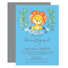 it's a boy baby shower with lion and leaves on the front, blue background