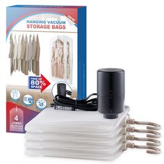 the hanging vacuum storage bags are packed with clothes